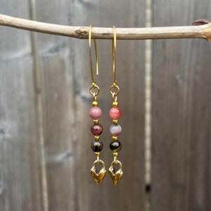 Gold Tourmaline Earrings, Long Drop Earrings, Tourmaline Jewelry, October Birthday Gift, Birthday Gift Idea, Gifts for Women, Heart Earrings