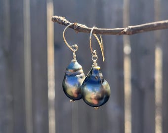 Tahiti Perlen Ohrringe, Große Perlen Ohrringe, Braut Ohrringe, 14k Gold Fill, Gold Fill Ohrringe, Hochzeitsschmuck, Valentines Day Geschenk
