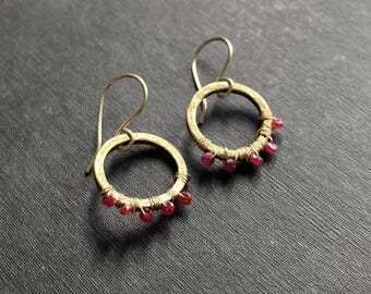 Gold Ruby Dangle Earrings: 14k Gold Fill, Oxidized Bronze