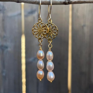 Pendientes de perlas de oro, pendientes de oro para novias, joyas de boda, joyas de perlas de agua dulce, idea de regalo de aniversario, regalos de cumpleaños, para mujeres