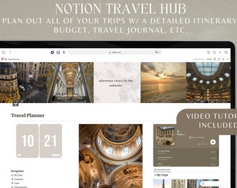 Puede incluir: Una pantalla de computadora portátil que muestra un espacio de trabajo de Notion con el texto "Notion Travel Hub" y "Plan out all of your trips w/ a detailed itinerary, budget, travel journal, etc." El espacio de trabajo está organizado con un calendario, un menú de navegación e imágenes de destinos de viaje. Se incluye un tutorial en video.