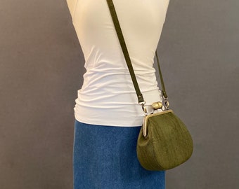 Ethel Petite Kisslock Saddlebag in Olive Green Cork Leather