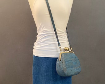 Ethel Petite Kisslock Saddlebag in Blue Cork Leather