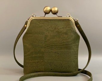 Betty Petite Kisslock Crossbody in Olive Green Cork Leather