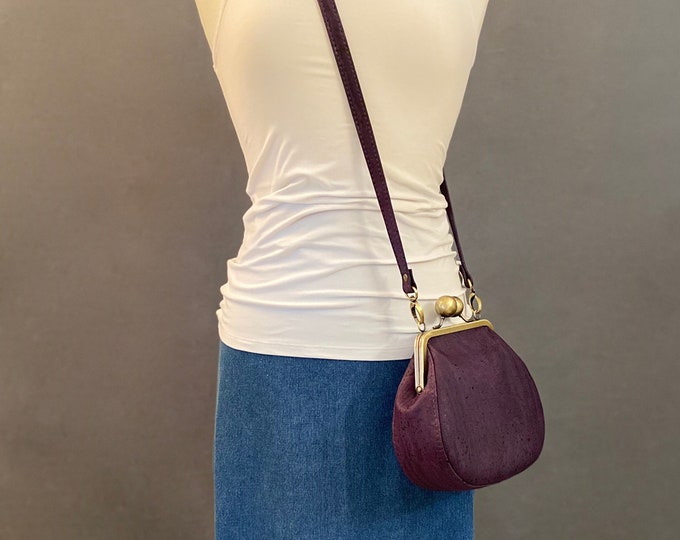 Ethel Petite Kisslock Saddlebag in Eggplant Purple Cork Leather