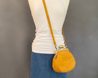 Ethel Petite Kisslock Saddlebag in Mustard Yellow Cork Leather