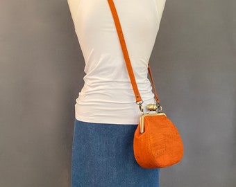 Ethel Petite Kisslock Saddlebag in Pumpkin Orange Cork Leather