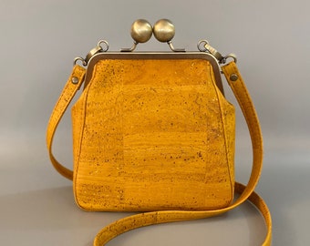 Doris Kisslock Crossbody in Mustard Yellow Cork Leather