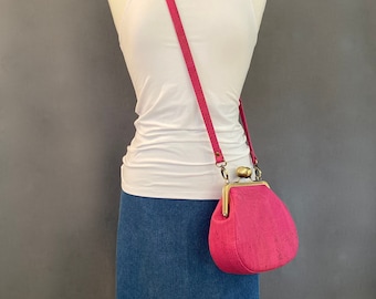 Ethel Petite Kisslock Saddlebag in Hot Pink Cork Leather