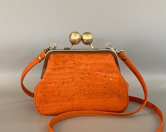 Beatrice Kisslock Crossbody in Pumpkin Orange Cork Leather