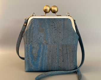 Betty Petite Kisslock Crossbody in Blue Cork Leather