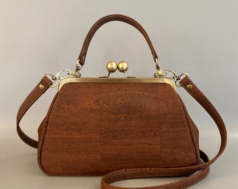 Alice Classic Kisslock Handbag in Chocolate Brown Cork Leather