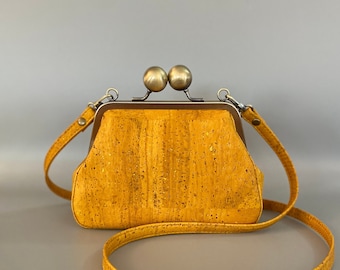 Beatrice Kisslock Crossbody in Mustard Yellow Cork Leather