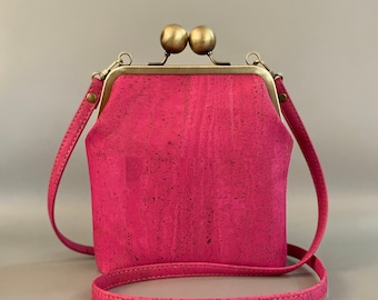 Betty Petite Kisslock Crossbody in Hot Pink Cork Leather