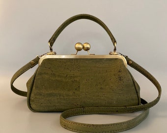 Josephine Kisslock Handbag in Olive Green Cork Leather