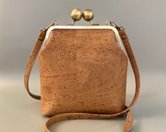 Betty Petite Kisslock Crossbody in Mocha Brown Cork Leather