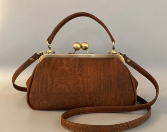 Josephine Kisslock Handbag in Chocolate Brown Cork Leather