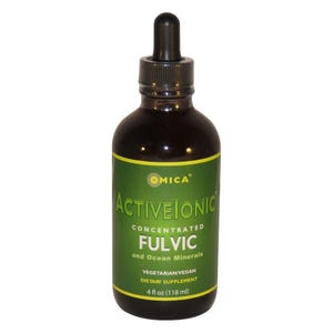 May include: A 4-ounce bottle of OMIC Active Ionic Concentrated Fulvic and Ocean Minerals dietary supplement. The bottle is brown glass with a dropper top and a green label with white text.