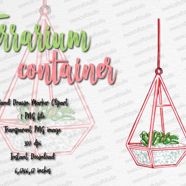 Terrarium clipart, Florarium clipart, Terrarium PNG, Terrarium Container, Digital Print, Cactus terrarium, succulent terrariums, marker art