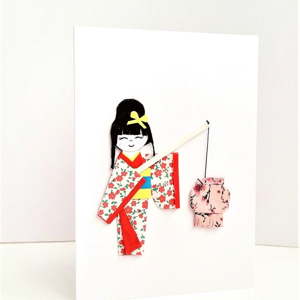 Handmade origami geisha with lantern card, origami greeting card to suit all occasions