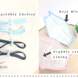 May include: A light blue and pink face mask with adjustable ear loops and a nose wire. The mask is made with organic cotton lining. The text "Nose Wire" and "Organic cotton Lining" is written on the image.