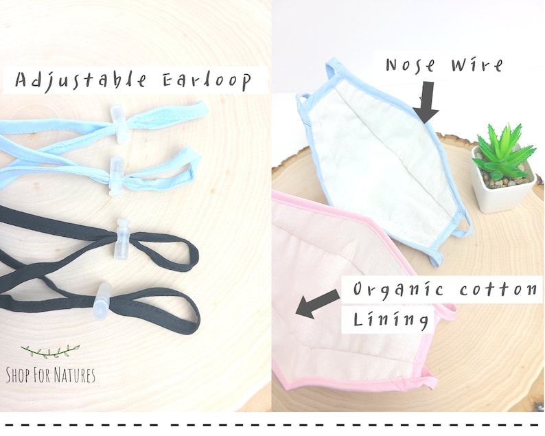 May include: A light blue and pink face mask with adjustable ear loops and a nose wire. The mask is made with organic cotton lining. The text "Nose Wire" and "Organic cotton Lining" is written on the image.