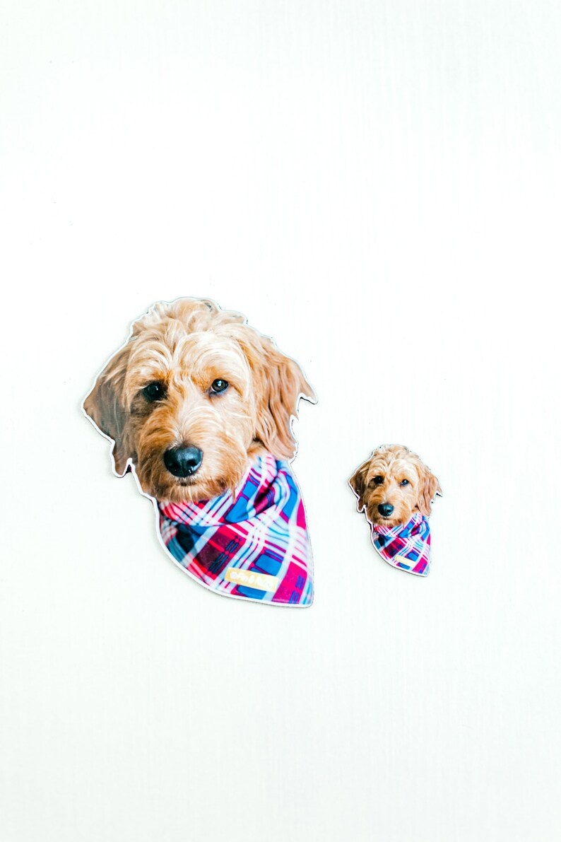 May include: Two dog stickers, one large and one small, both featuring a brown and white dog wearing a red and blue plaid bandana.
