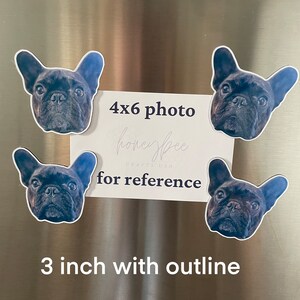 May include: Four black and white French bulldog head images on a stainless steel refrigerator. The images are different sizes. The largest image is labeled "4x6 photo" and the smallest image is labeled "3 inch with outline".