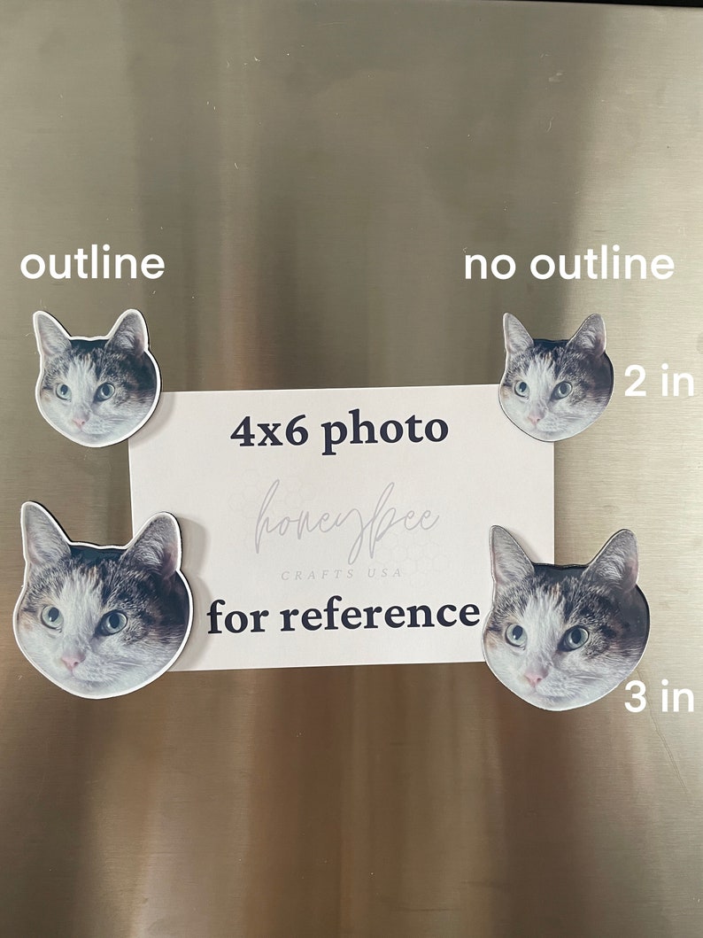 May include: Two versions of a cat head photo, one with an outline and one without. The photo is 3 inches wide and 2 inches tall. The text "4x6 photo" and "honeybee crafts usa" are visible on a white card.