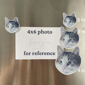 May include: Four cat head magnets of varying sizes, with the text "4x6 photo" and "honeybee crafts USA" on a white card. The text "for reference" is below the company name. The magnets are on a silver surface. The largest magnet is 4 inches in diameter, the middle magnet is 3 inches in diameter, and the smallest magnet is 2 inches in diameter.