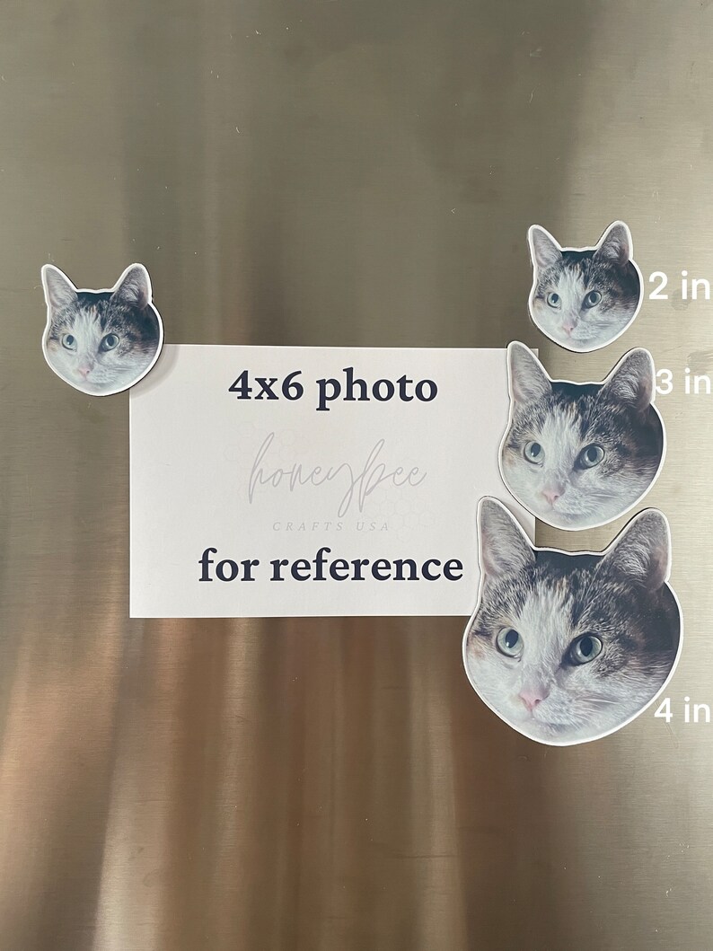 May include: Four cat head magnets of varying sizes, with the text "4x6 photo" and "honeybee crafts USA" on a white card. The text "for reference" is below the company name. The magnets are on a silver surface. The largest magnet is 4 inches in diameter, the middle magnet is 3 inches in diameter, and the smallest magnet is 2 inches in diameter.