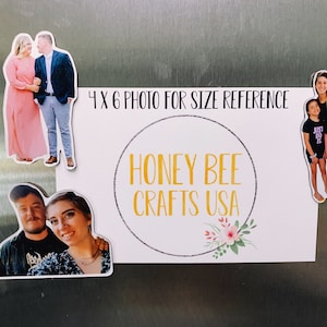 May include: Four 4x6 inch photo magnets with a white background. The magnets feature photos of couples and a family. The magnets are decorated with a gold circle with the text "Honey Bee Crafts USA" and a floral design.
