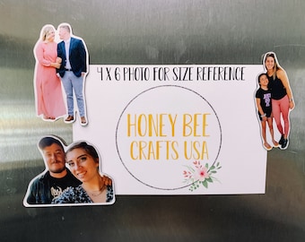 May include: Four 4x6 inch photo magnets with a white background. The magnets feature photos of couples and a family. The magnets are decorated with a gold circle with the text "Honey Bee Crafts USA" and a floral design.