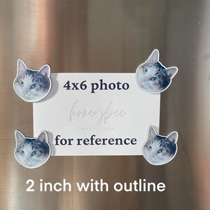 May include: Four 2-inch cat head magnets with an outline. The magnets are on a stainless steel refrigerator. The text "4x6 photo" and "for reference" are written on a white piece of paper.
