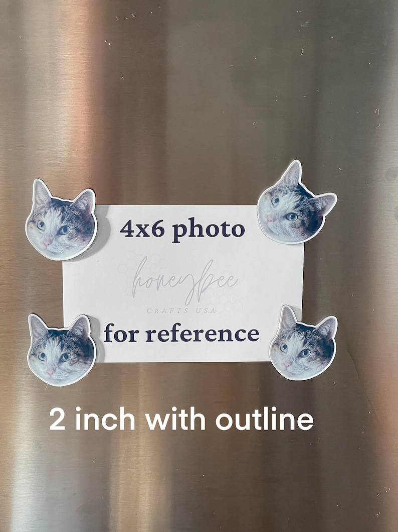 May include: Four 2-inch cat head magnets with an outline. The magnets are on a stainless steel refrigerator. The text "4x6 photo" and "for reference" are written on a white piece of paper.