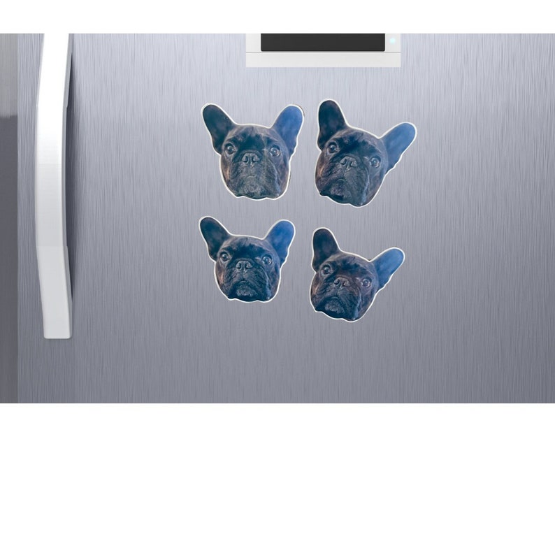 May include: Four black and white French bulldog face refrigerator magnets.