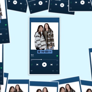 May include: A digital illustration of two people in plaid shirts, displayed on a smartphone screen, with a music player interface. The background features multiple similar screens, creating a collage effect. The song title is "Iym" by John K.