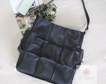Black Leather Patchwork handbag gift for her