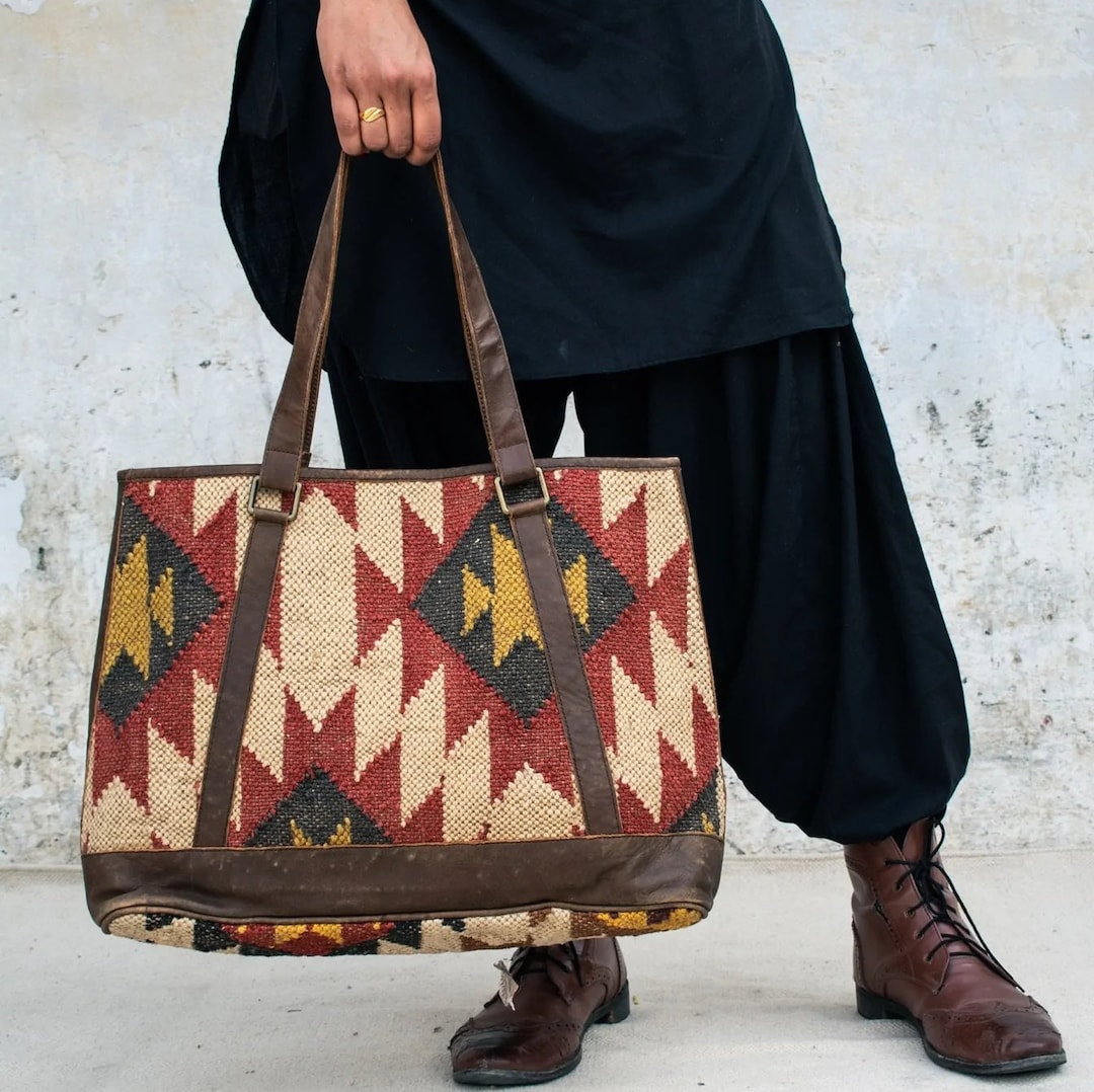 Kilim & Leather Carry All Bag Leather Tote Bag Kilim Tote Bag Etsy