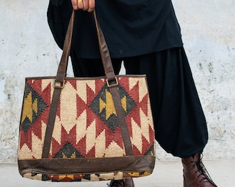 Kilim & Leather  Carry All Bag Leather Tote Bag Kilim Tote Bag