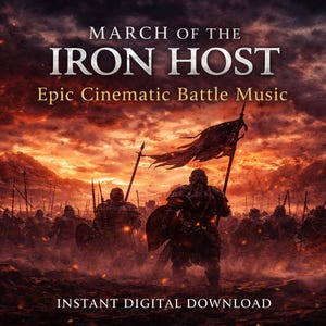 以下が含まれることがあります： 「March of the Iron Host」のデジタルアートワーク。壮大な戦闘シーンが描かれています。 鎧姿の人物が、旗と槍を持ち、燃えるような空の下で観客に向かって行進しています。「Epic Cinematic Battle Music」と「Instant Digital Download」の文字が含まれています。