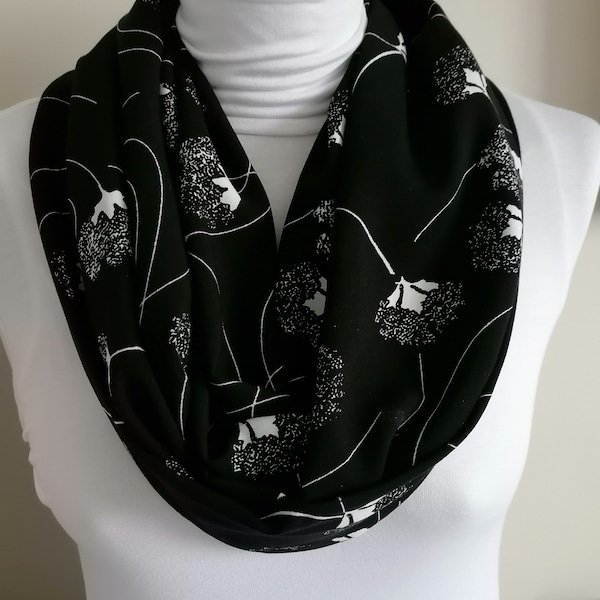 Ladies soft, viscose, black and white infinity scarf for her birthday or gift for friend, sister, mother. Great accesory for any garment.