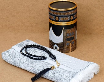 Kaaba Patterned Prayer Rug and Tasbih Islamic Gift Set For Muslim | Sajjada, Janamaz, Misbaha Box | Islamic Gift