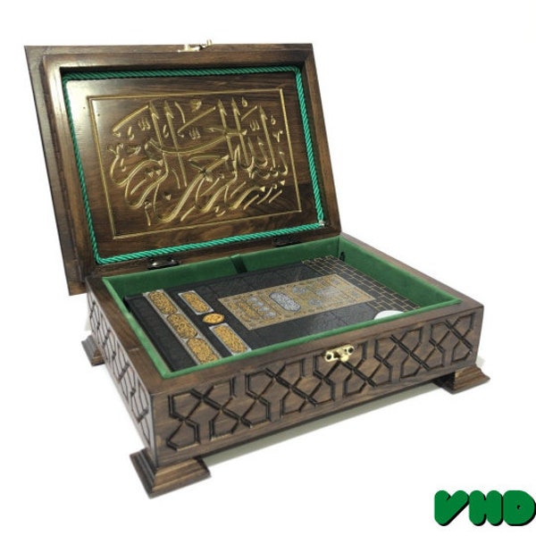 Lux Wooden Box with Kaaba Quran | Koran with Wooden Storage Box | Islamic Home Decor | Mushaf Stand | Muslim Gift | Graduation Gift