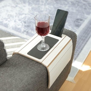 Bamboo Rustic Couch Snack Caddy,TV Tray Cup Holder with 2 Red Wine