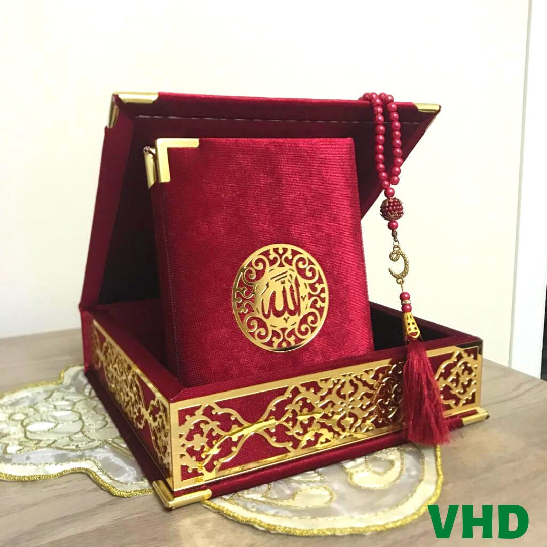  Prien Samt Koran Islam Tesbih Set, Islamische Geschenke für Eid  Ramadan, Elegant Portabel Box, Muslim Wohnkultur Mit Frauen, Qur'an,  Muslimische Gebetskette Für Moschee, Beten, Umrah (Burgund)