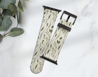 Botanical Design Apple Watch Band, Apple Watch Series 9, 8, 7, 6, 5, SE, Ultra, Faux Leather Watch Strap, 38mm 40mm 41mm 42mm 44mm 45mm