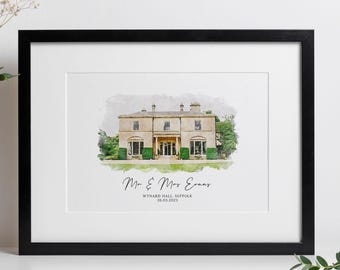 Personalized Wedding Venue Watercolor Portrait: Custom Anniversary Print