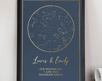 Personalised Gold Star Map Print: The Sky On Our Wedding Night, A4 & A3