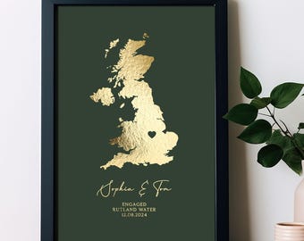 Personalised Gold Map Print: Engagement Location, Custom Map, A4 & A3